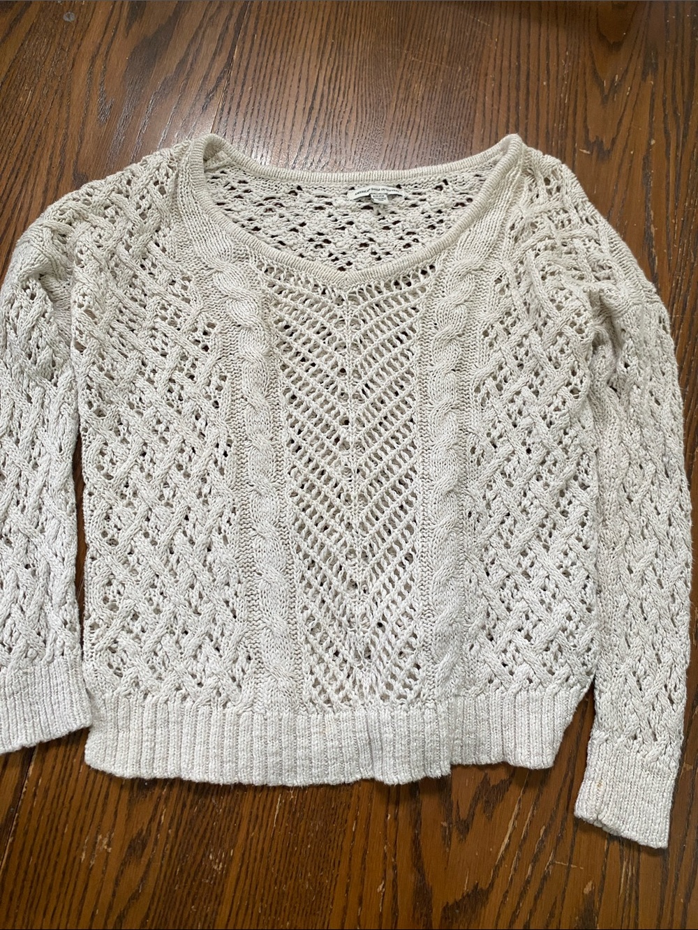 American Eagle Outfitters Cream Open-Knit subtle V-Neck Sweater